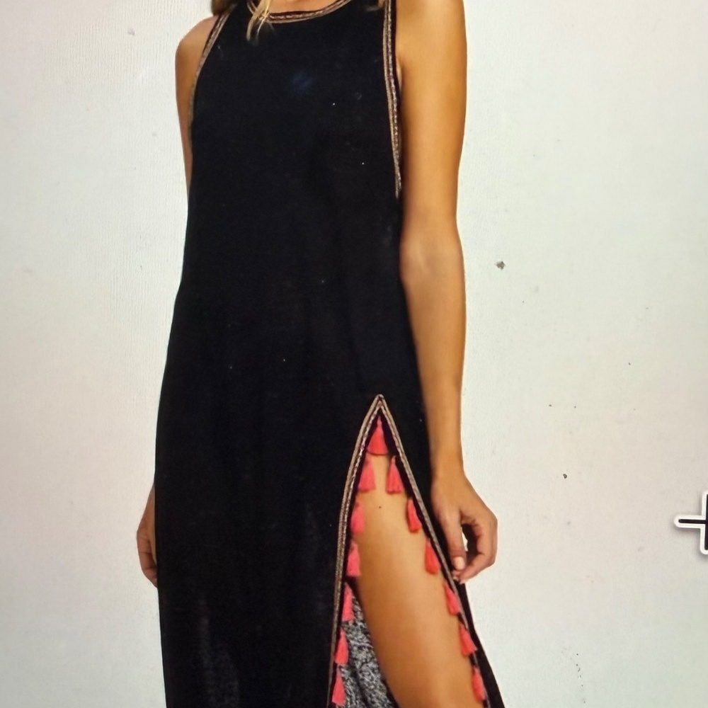 Pitusa Tassel Maxi Split Dress Black With Vibrant Pink Tassels - Picture 4 of 4